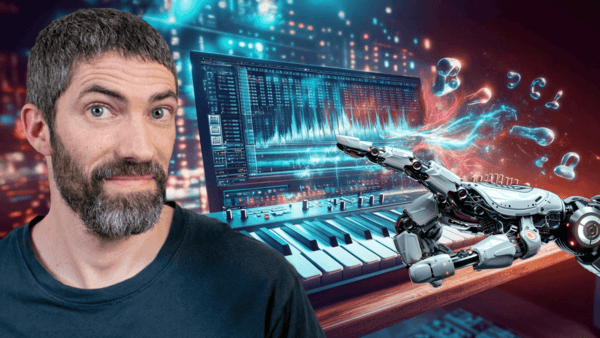 Man with AI robot playing keyboard — music generation