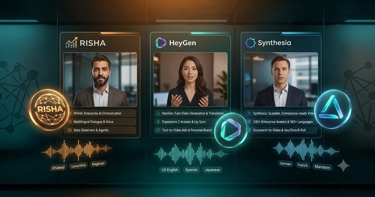 HeyGen مقابل Synthesia (مقابل ريشة): أفضل أداة فيديو بالذكاء الاصطناعي للمحتوى العربي في 2026
